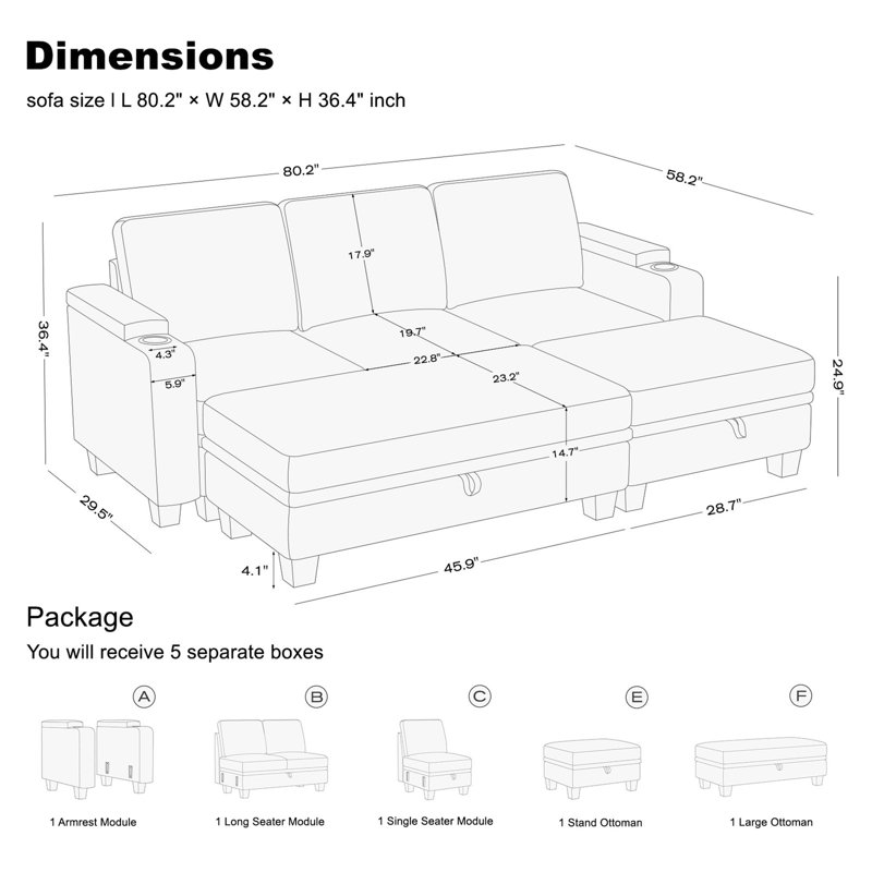 Penelopa Chenille Apartment Modular Sectional Sofa Bed Sleeper Storage Seat Couch With Cup Holder And Removable Washable Cushion For Living Room Lounge