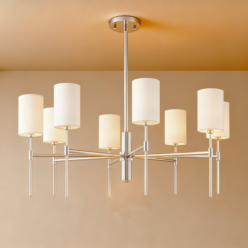 Modern Sputnik Chandelier, Polished Nickel With Linen Shades, 8-light Statement Fixture For Living Room & Dining Room, Silver