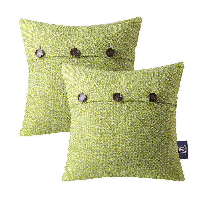 Coussin en lin 18 po avec fermeture à boutons noix de coco, 18 po x 18 po, Polyester, Yellow Green