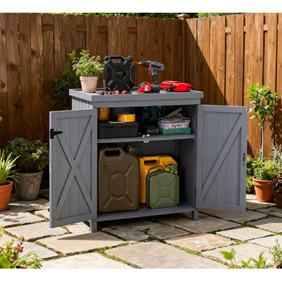 Tool Shed, Outdoor Storage Cabinet With Galvanized Top And Two Shelves, Accent Cabinet