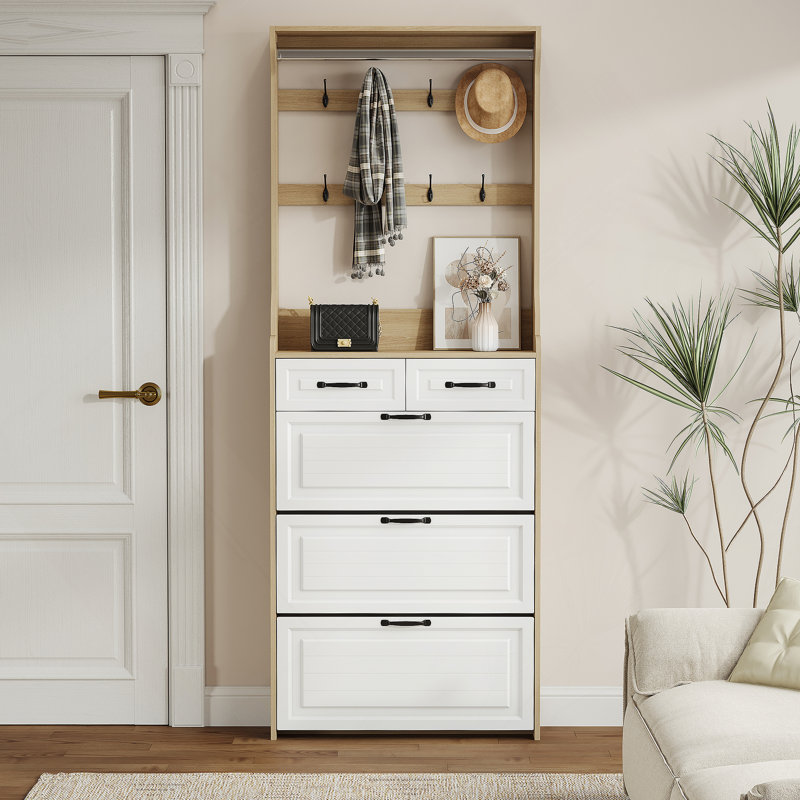 Armoire à chaussures blanche spacieuse avec 3 portes, 2 tiroirs et un cintre, idéale pour les solutions de rangement modernes