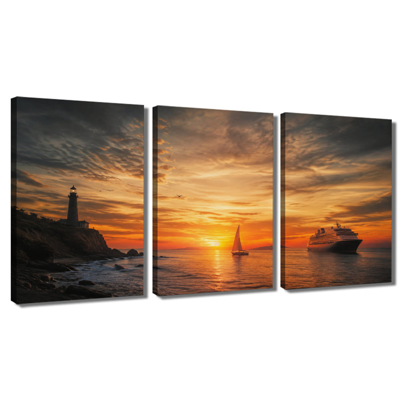 3 panneaux muraux, bateau de croisières, coucher de soleil, coucher de soleil, impression sur toile pour salon