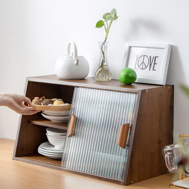 Petit buffet de cuisine en bambou avec 2 portes coulissantes en verre rayé, armoire de rangement autoportante pour bouteilles, plat, bol, armoire de salle à manger console, Burlywood