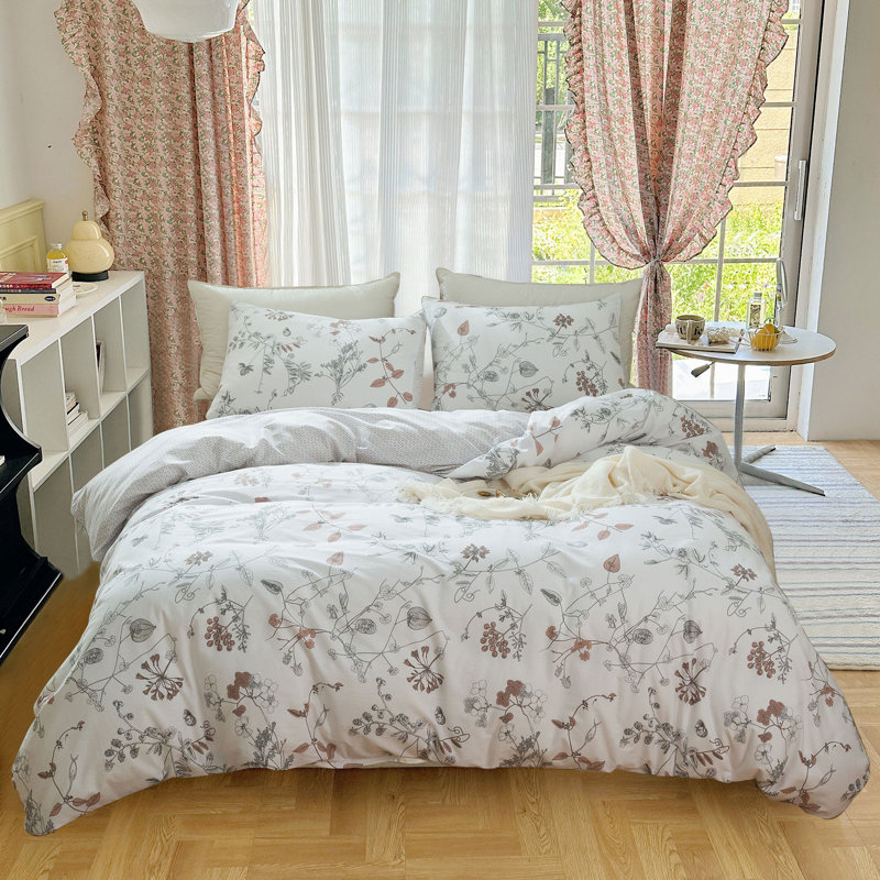  Ensemble de housse de couette en coton floral, Housse de couette simple et deux taies décorative, Floral blanc