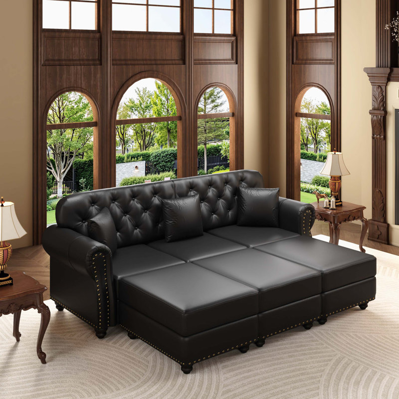 Canapé Chesterfield 82,6 po Mid-Century, Similicuir noir