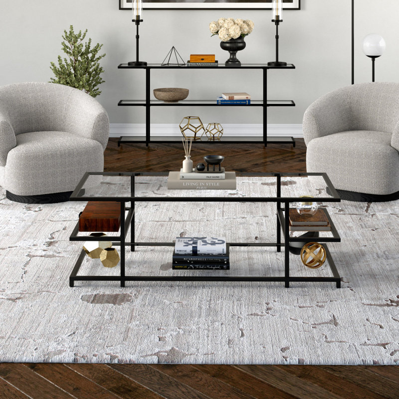Greenwich 54" Glass And Steel Coffee Table With Three Shelves, Black