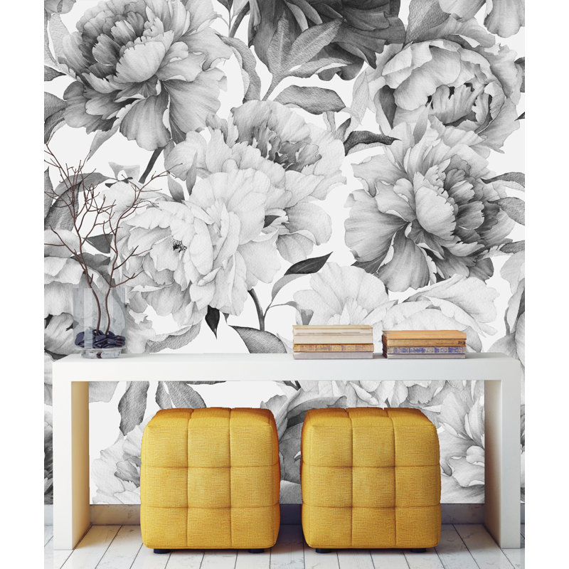 Black And White Peony Wallpaper Mural, Black, 16.67" L x 25" W