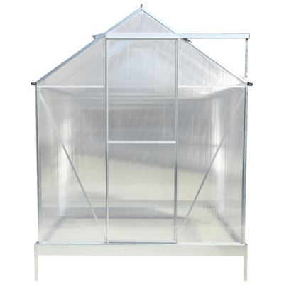Serre en polycarbonate de 6,3 pi x 6,2 pi x 7 pi, serre extérieure en aluminium robuste avec gouttière, évent et porte pour jardin, couleur aluminium