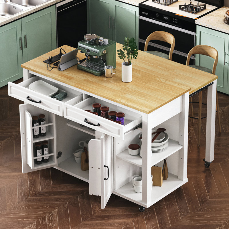 Îlot de cuisine de 47 po avec table de salle à manger extensible, table de cuisine en placage de bois d'hévéa avec support de rangement interne, prise de courant, îlot de cuisine avec rangement 2 tiroirs et 2 armoires