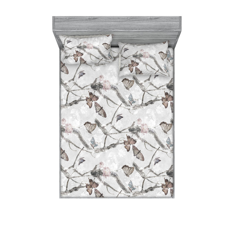 Drap-housse et taies décoratives 3 pièces Ambesonne, Gris pâle, rosé / floral