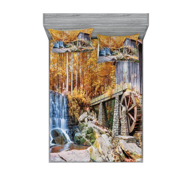 Drap-housse et coussin décoratif Ambesonne Waterfall jaune brun, Ensemble de draps pour très grand lit californien