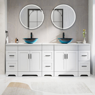 Akron 84" Double Sink Bathroom Vanity Set With Manufactured Wood Top, Vessel Sinks, Faucets And Drains, Water-resistant Paint