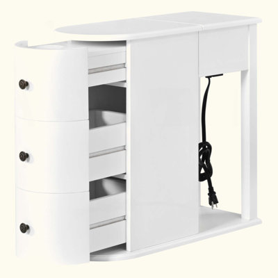 Modern End Table with Hidden Cup Holder Drawer, Charging Station & Pull-Out Side Table, Wooden Bedside Table with 2 Storage Drawers, Space Saving End Table for Bedroom & Living Room