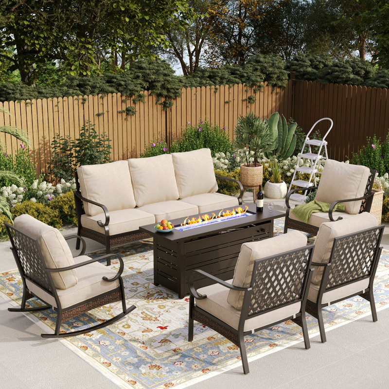 Ensemble de conversation d'extérieur pour 7 personnes avec 2 chaises longues berçantes et foyer, Black/Beige/Black