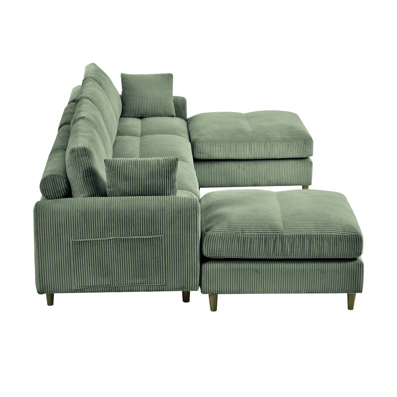Canapé modulaire en U en velours côtelé avec appuis-tête et repose-pieds réglables - canapé convertible 6 places, Vert olive