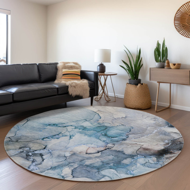 Premium Machine Washable Cerrito AMF520 Blue Rug, Round 8'