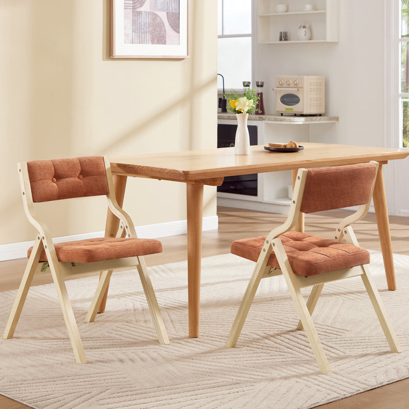 Elegantly Designed Foldable Chair With Solid Wood Frame And Button-Tufted Upholstered Backrest And Seat, Orange/Natural