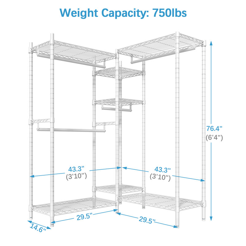 VIPEK L6 Medium 43.3" L Shaped Clothes Rack Heavy Duty, Space Saving Storage for Corner, White