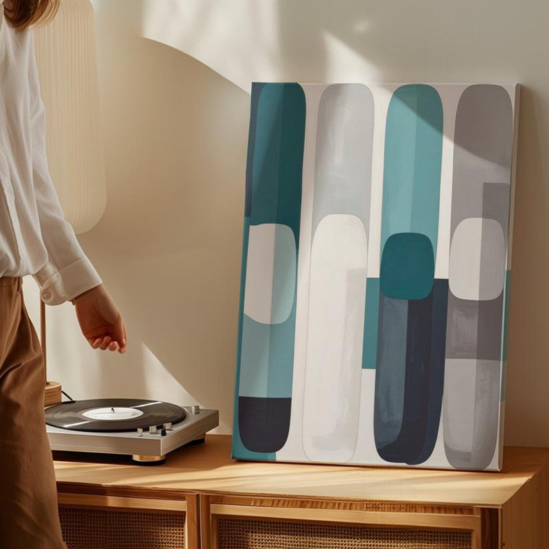 Toile abstraite à capsules verticales, formes organiques minimalistes en art mural bleu sarcelle et gris, prêt à accrocher