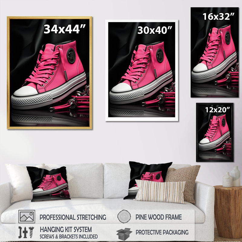 «Fashion Pink Sneakers Obsession I» sur toile, Cadre photo noir, H 40 po x l 30 po x P 1,5 po