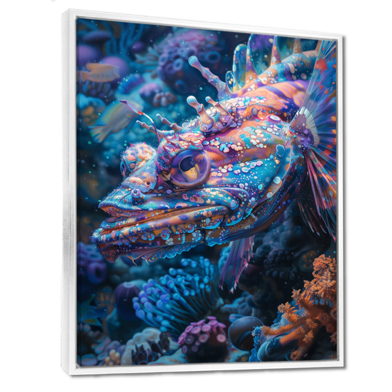 Blue Glowing Abyss Sea Creatures - Sea Creatures Wall Decor, 40" H x 30" W x 1.5" D, White Floater Framed