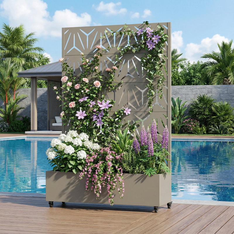 Boîte à fleurs en métal avec treillis et roues, H 72 po x l 47 po x P 16 po, Vert olive