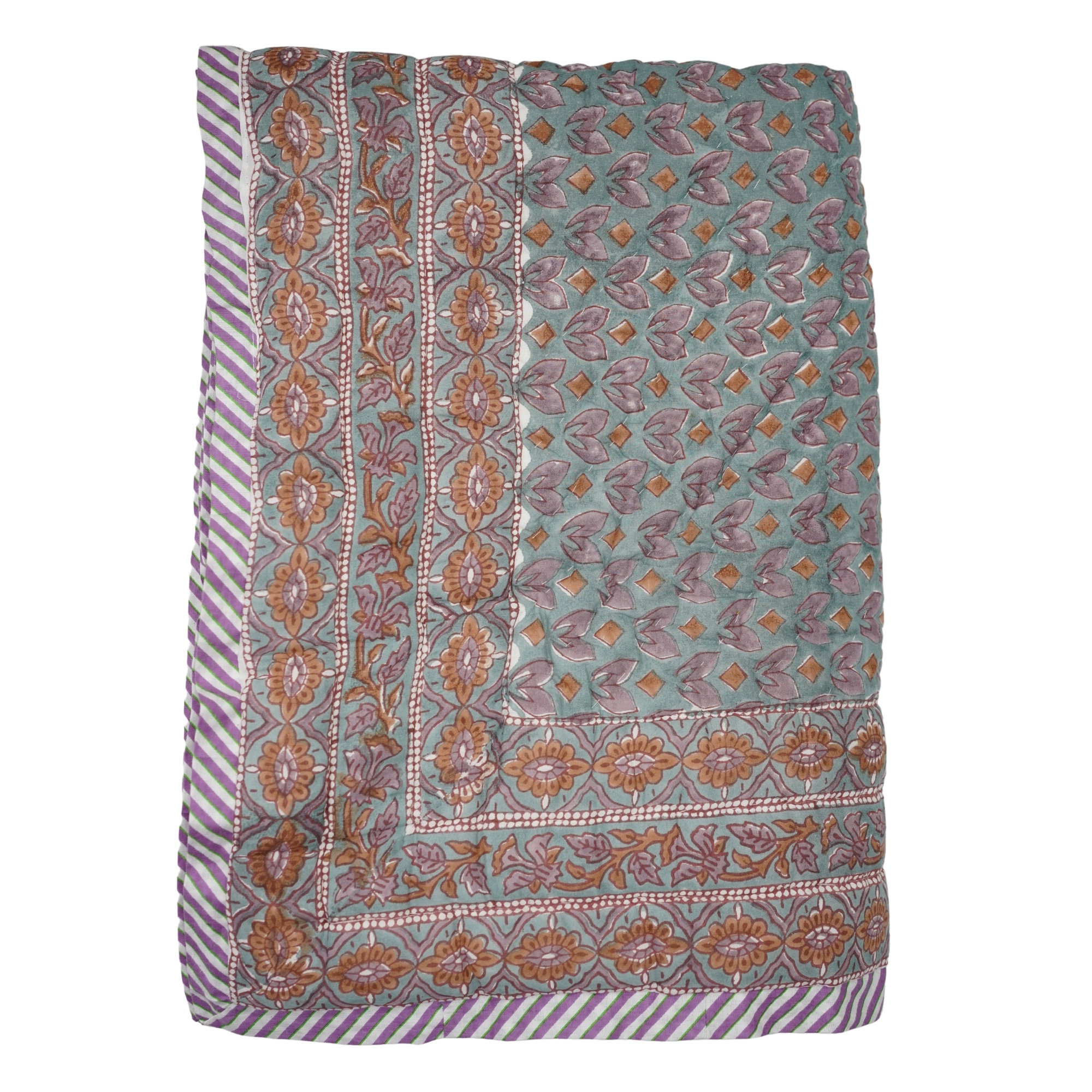 Fabdivine Luxury Block Print Cotton Quilt Floral Boho Bedding for Bedroom & Sofa, Purple/Green, Queen