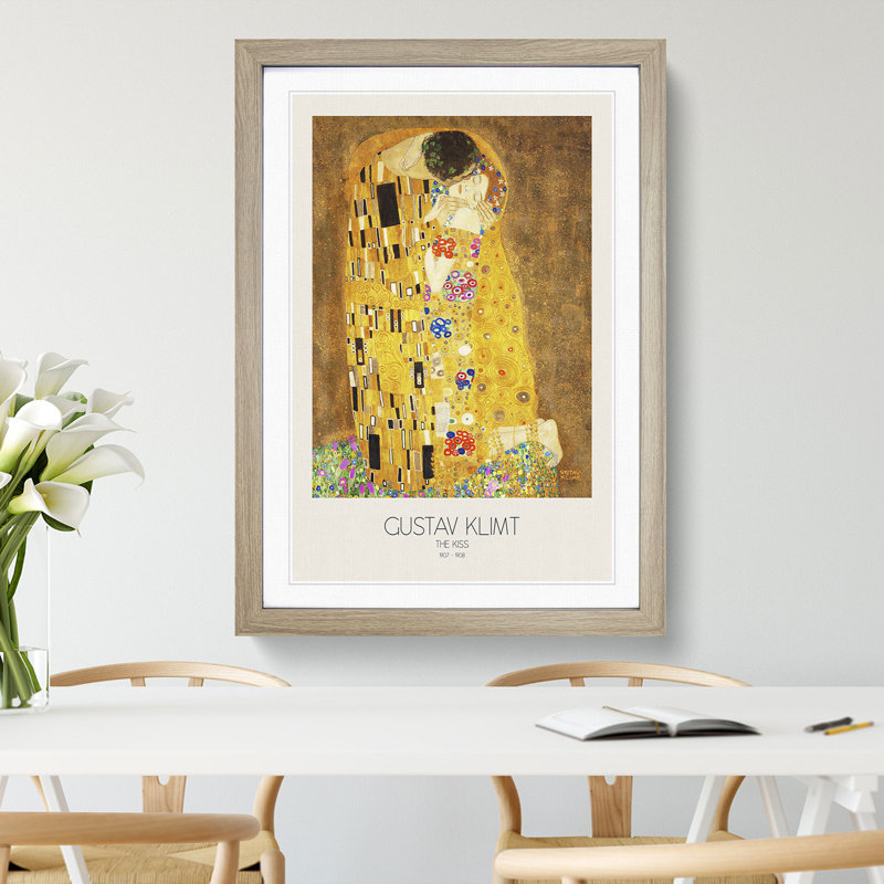The Kiss No.1 with Border by Gustav Klimt - Picture Frame Painting, 65cm H x 48cm W x 2cm D, Oak