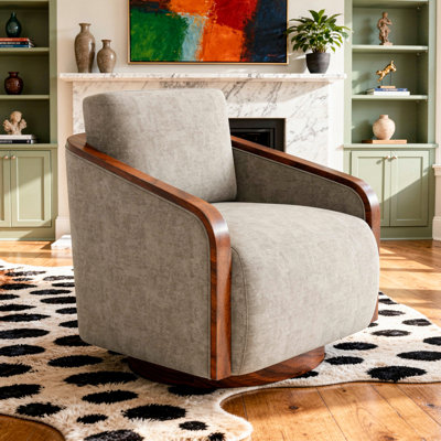 Upholstered Farmhouse Edging Swivel Barrel Chair With Toss Pillows