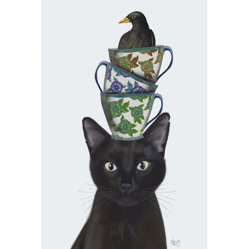 Chat noir avec tasses à thé et merle, H 30 po x l 20 po x P 1 po