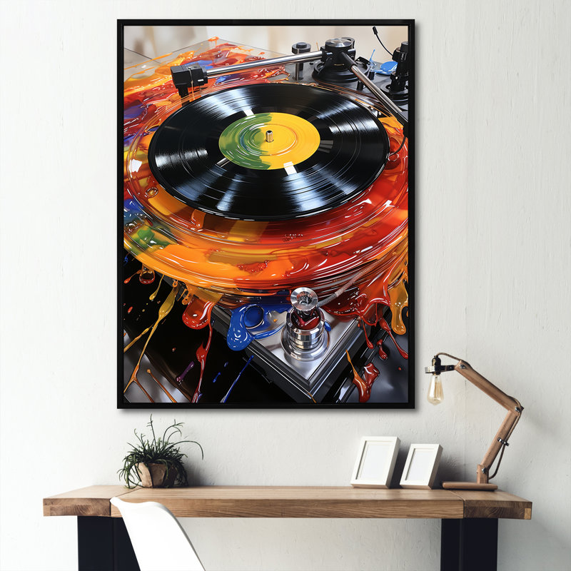 Art mural rétro vinyle Truntables Melody - Platines et boites, Cadre flottant noir, H 44 po x l 34 po x P 1,5 po