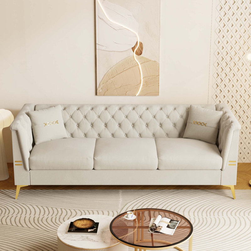 Canapé rembourré 3 places avec accoudoirs et 2 coussins Modern Velvet, Cream White Velvet