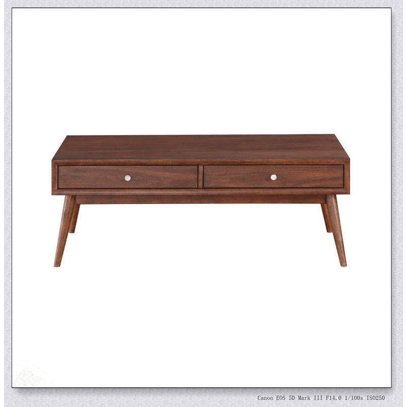 Table basse rétro 1 pièce de style moderne avec 2 tiroirs, finition brune, placage de noyer, parfaite pour l'élégance du salon
