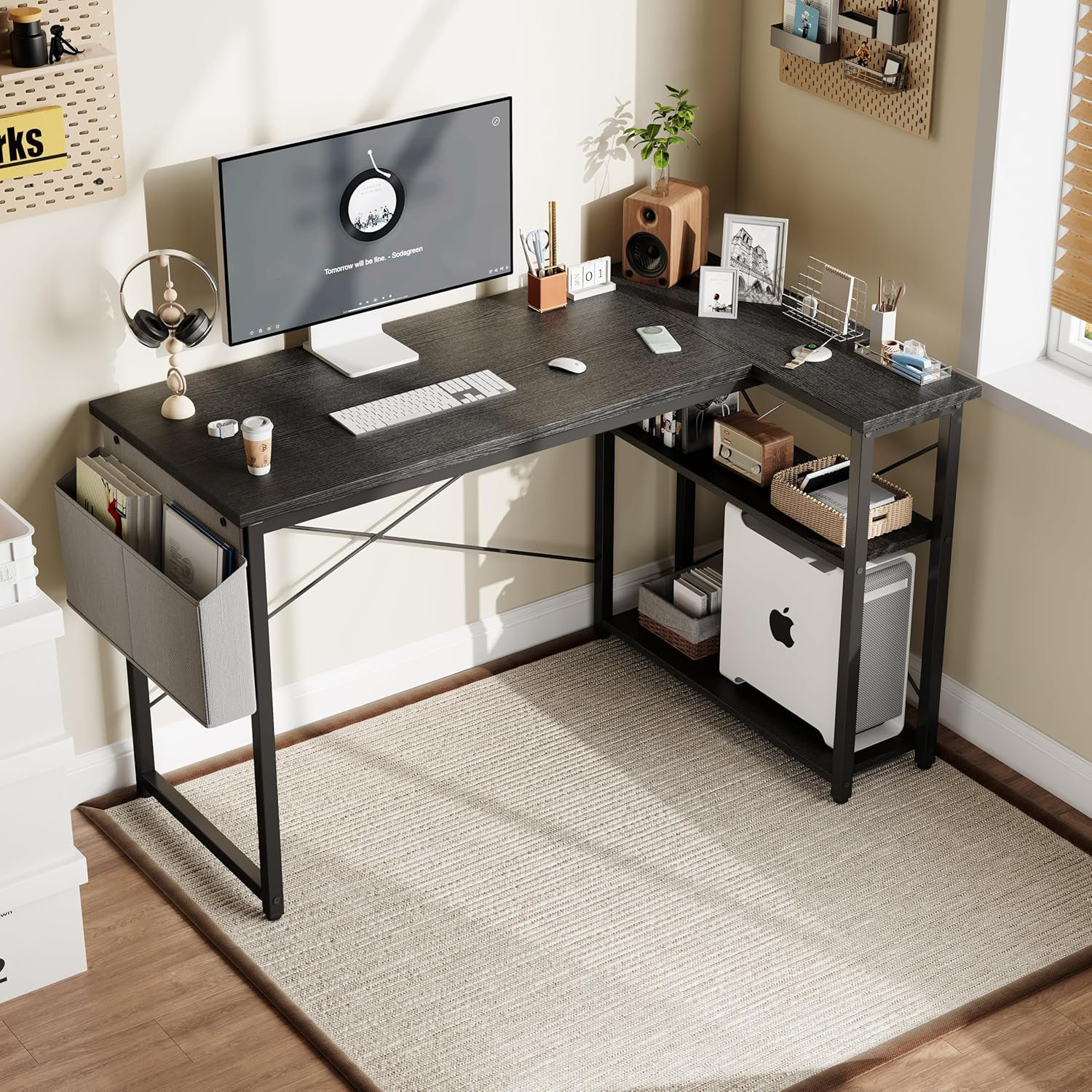 DLisiting White L Shaped Computer Desk With Power Outlet Shelves, 40 I - View #2