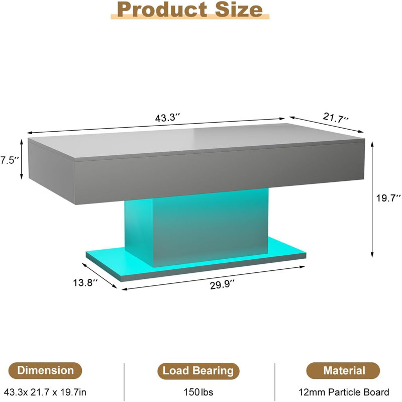 Table basse moderne ultrabrillante avec lumières DEL réglables pour le salon, Gris