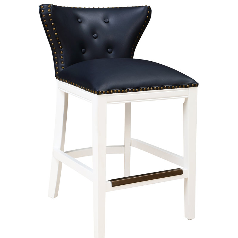 Tabouret de comptoir en similicuir et bois bleu foncé avec dossier profilé, siège à ressorts à arc en laiton antique