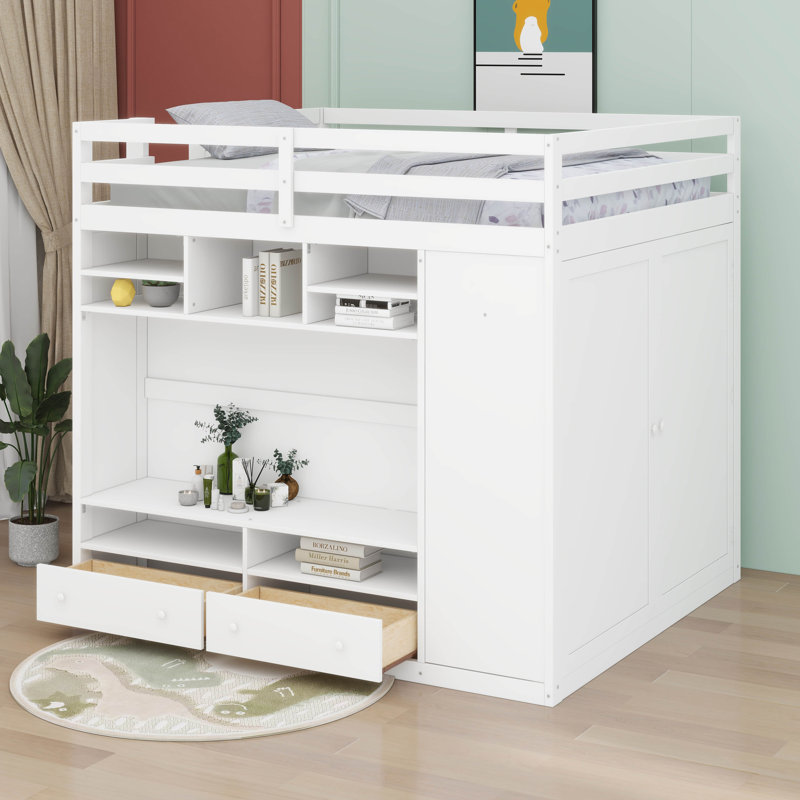 Full Size Loft Bed With Built-In Wardrobe, Drawers & Shelves,Smart LED Lighting, White