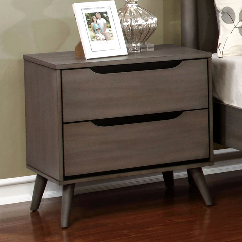 Bedroom Mid-Century Modern Grey Nightstand With Solid Wood And 2 Storage Tempt