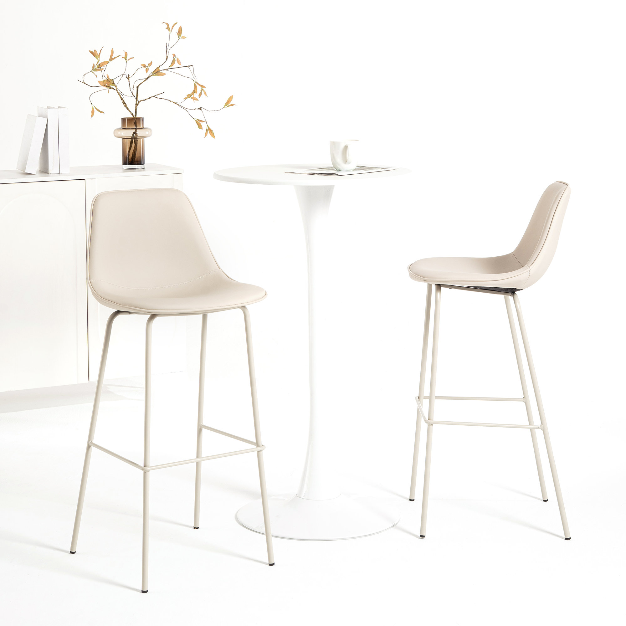 Kavi Upholstered Barstools, Gray Beige Faux Leather, Bar Stool (30" Seat Height)