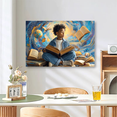 Grande galerie d'art sur toile tendue, garçon afro-américain lisant un portrait sur toile pour le salon et la chambre à coucher