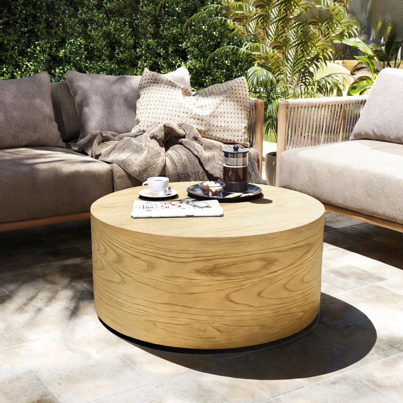 28'' Magnesium Oxide Outdoor Coffee Table with Wood-Look Textured Surface, Round, Natural Oak, Yellow