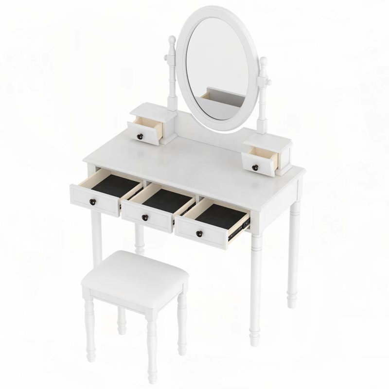 Vintage Vanity Makeup Table and Cushioned Stool Set with Velvet Fabric Lining 5 Drawers, White