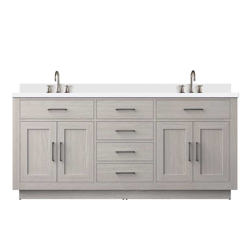 Abbey 72 in W x 22 in D Oak Double Bath Vanity, Chrome Faucet Set, White Oak, White Cultured Marble