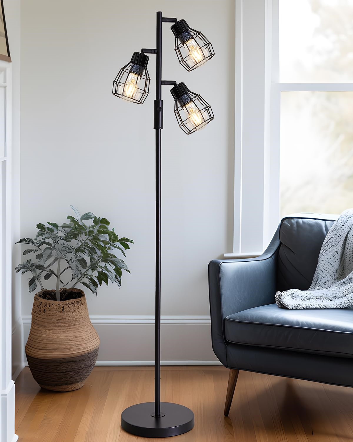 Mercer41 64.25 Inch Black Industrial Floor Lamp with 3 Lights and 4W ...