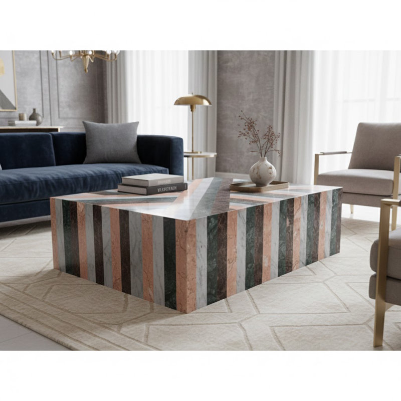 Genuine Marble Block Coffee Table - Multicolor Striped Marble