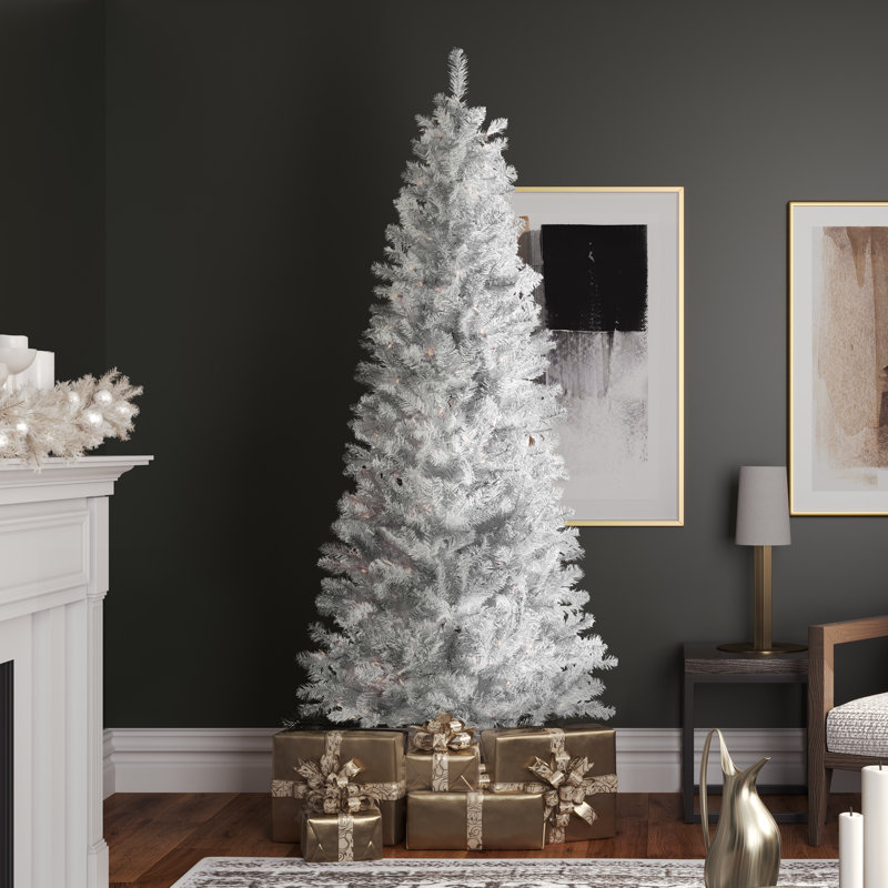 Sparkle White Spruce Pencil Artificial Christmas Tree, 7.5' H, Warm White LED