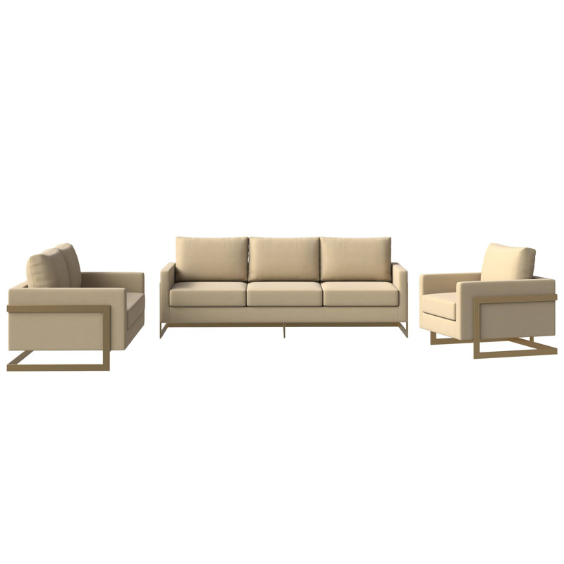 Ensemble de canapé 3 pièces rembourré en velours avec base en acier inoxydable doré Collection Celaeno, Beige