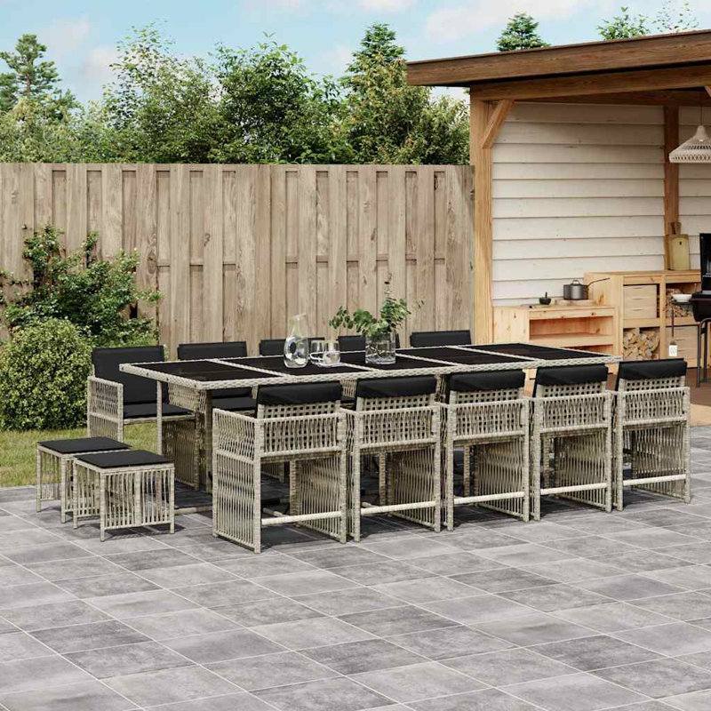 15 Piece Garden Dining Set with Cushions Poly Rattan, 15 Pieces: Table, 4 Stools, 10 Chairs, Black, Light Grey