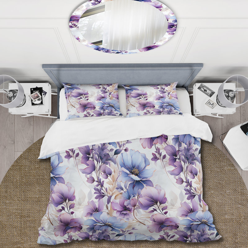 Ensemble de housse de couette Floral - Wonderland, fleurs blanches et mauves, Housse de couette pour très grand lit et 2 très