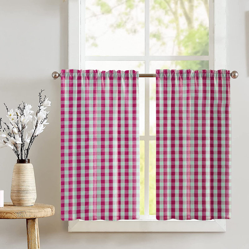 Fuchsia Cotton Gingham Checkered Kitchen Tier Curtains, 36" Tall